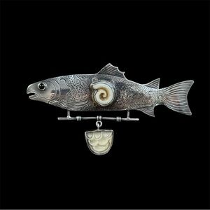 Vintage Native Sterling Silver JLR Fish Pin Bone Black Onyx Rare